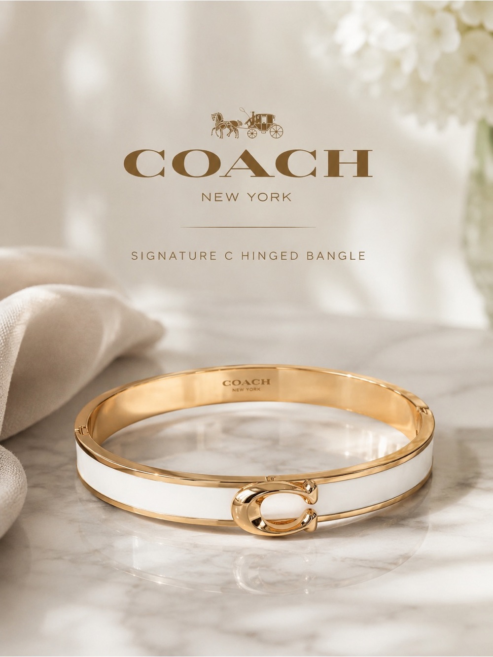 NWT Coach Gold White Enamel Signature C Hinged Bangle Bracelet
